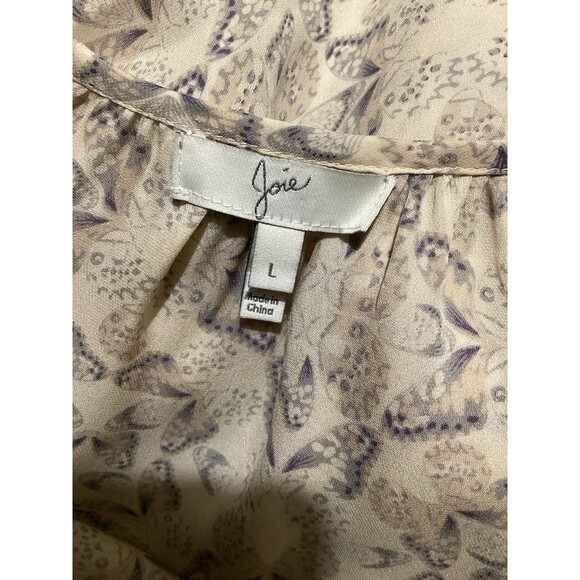 Joie Zambezi Blouse Butterfly Print 100% Silk Beige Long Sleeve L - Picture 6 of 7